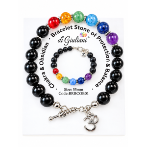 Chakra Obsidian 8mm Ball OM Bracelet on Card & Gift Pouch (55mm)