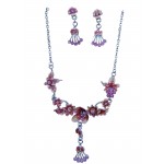 Rhinestone Burgundy Flower On Chain Necklace & Earring Set