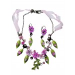 Purple Rhinestone Green Leaf With Ribbon Necklace & Earring Set
